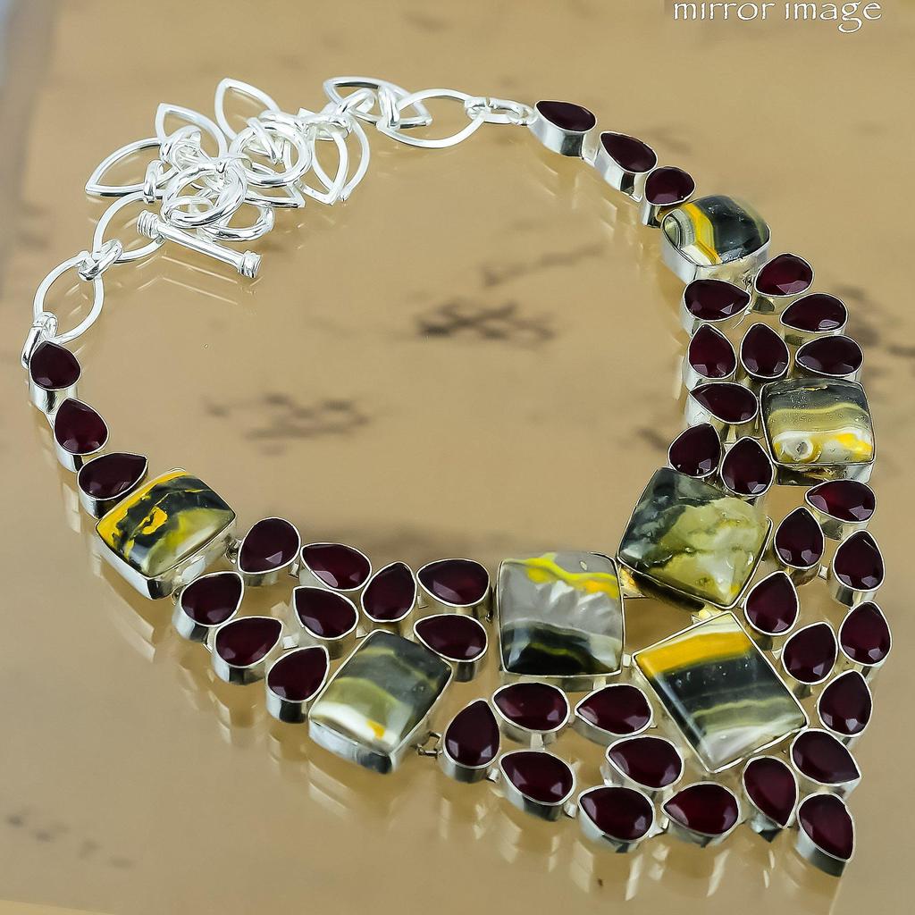 Natural Bumble Bee Jasper Gemstone Chain Yellow Adjustable Necklace 925 Silver