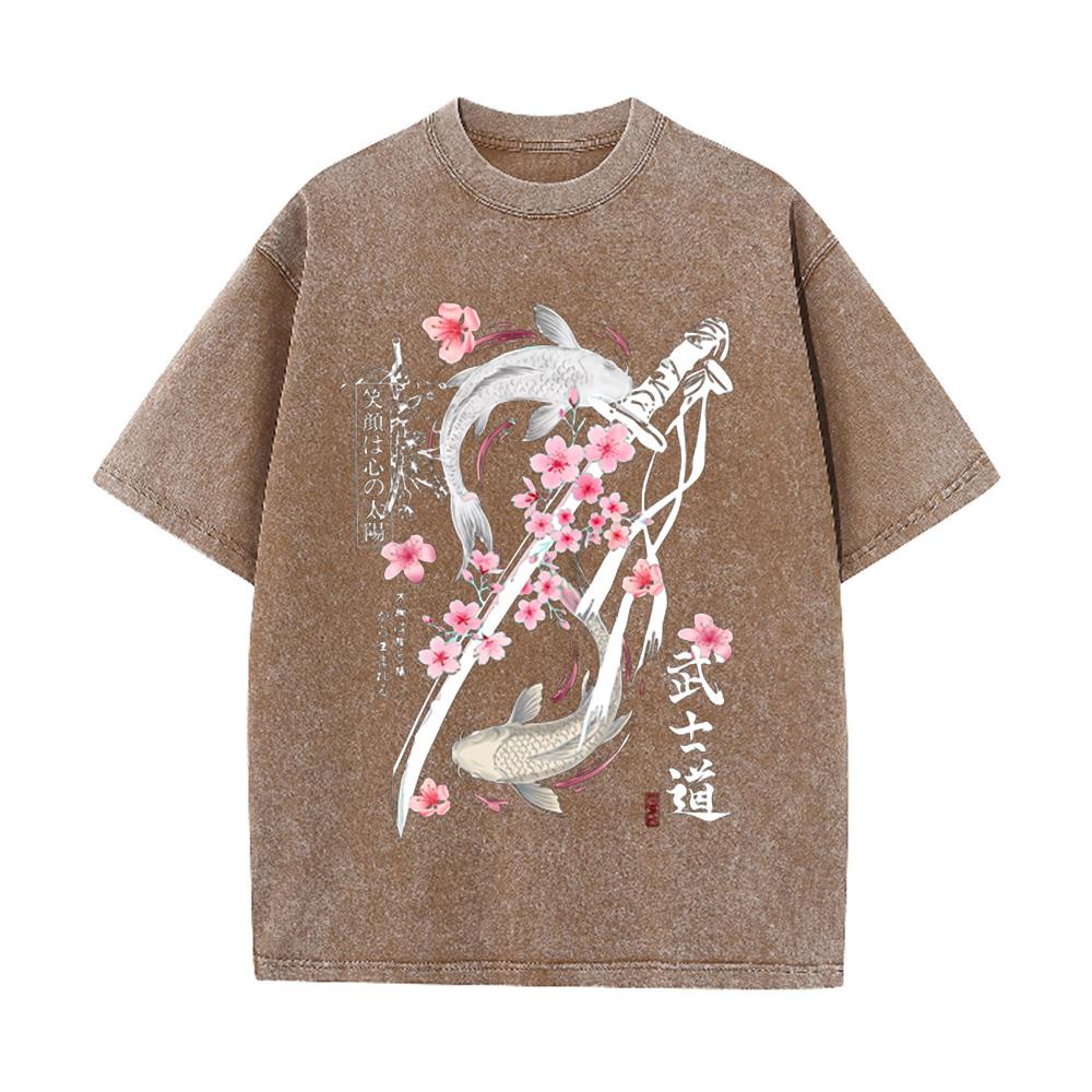 2026 Vintage Washed Black Japanese Koi Fish Samurai Sword Cherry Blossom Graphic T Shirt Bushido Kanji Retro Streetwear Oversize