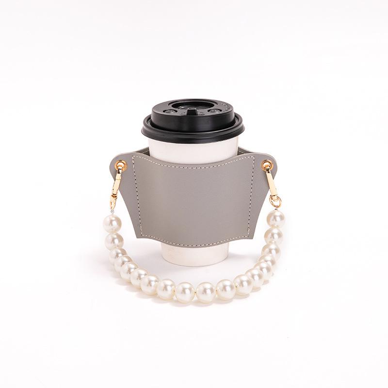 Husă portabilă din piele PU rezistentă la căldură pentru ceașcă de ceai și cafea cu lanț de perle detașabil