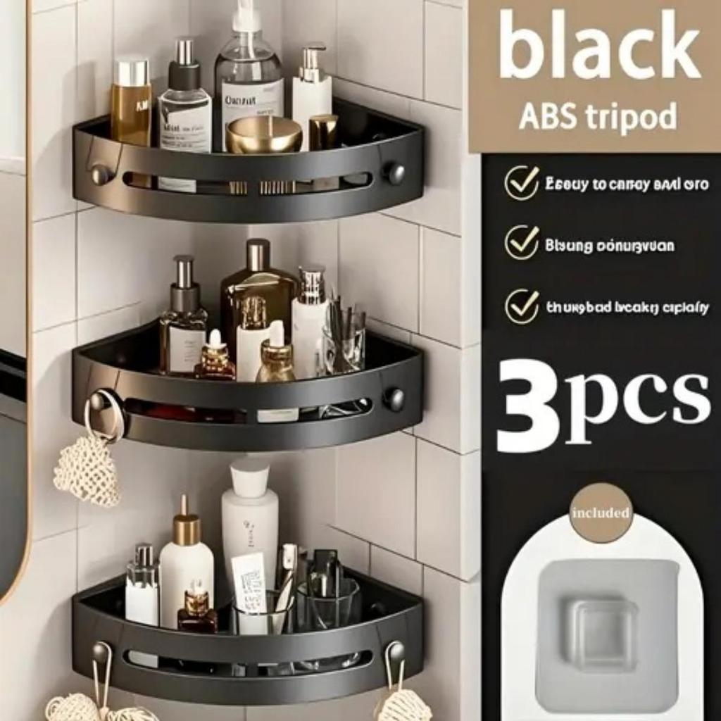 3-layer Black Plastic, Wall Mounted, Bathroom Shelf, Space Saving Design, Suitable for Kitchen, Bathroom, Shampoo, Soap and Other Storage