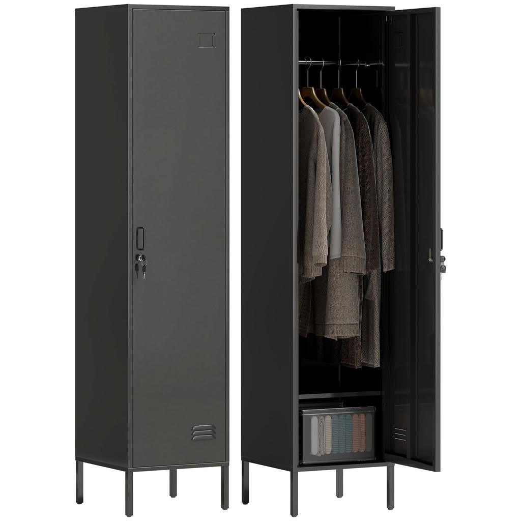 Metal Locker With Lockable Door And Clothes Rail Single Steel Locker For Home Or Office Black