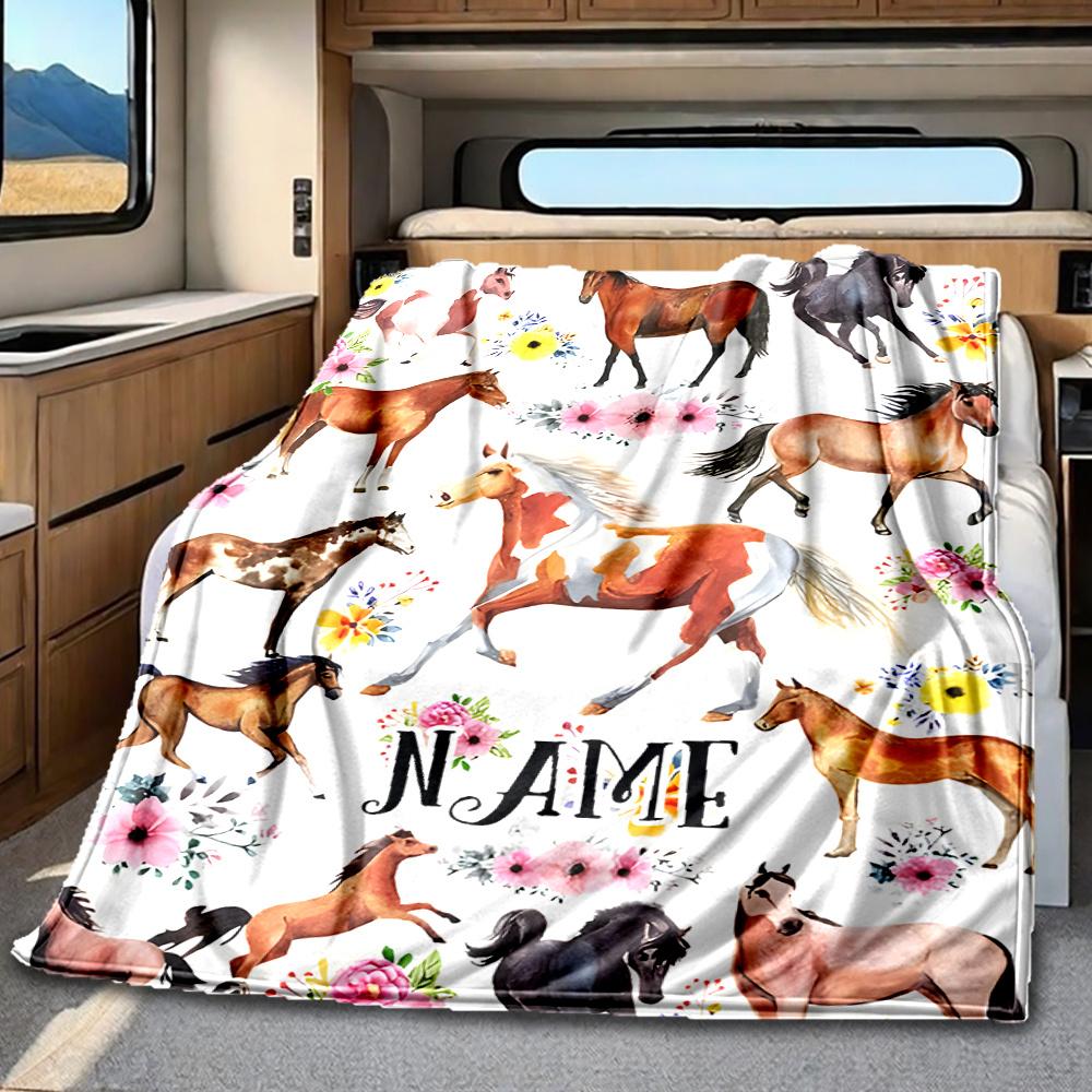 Horse Floral Blanket Personalized Name Soft Comfortable Stylish Blanket Car Blanket Perfect For Travel Camping Outdoor Home Suitable For All Seasons