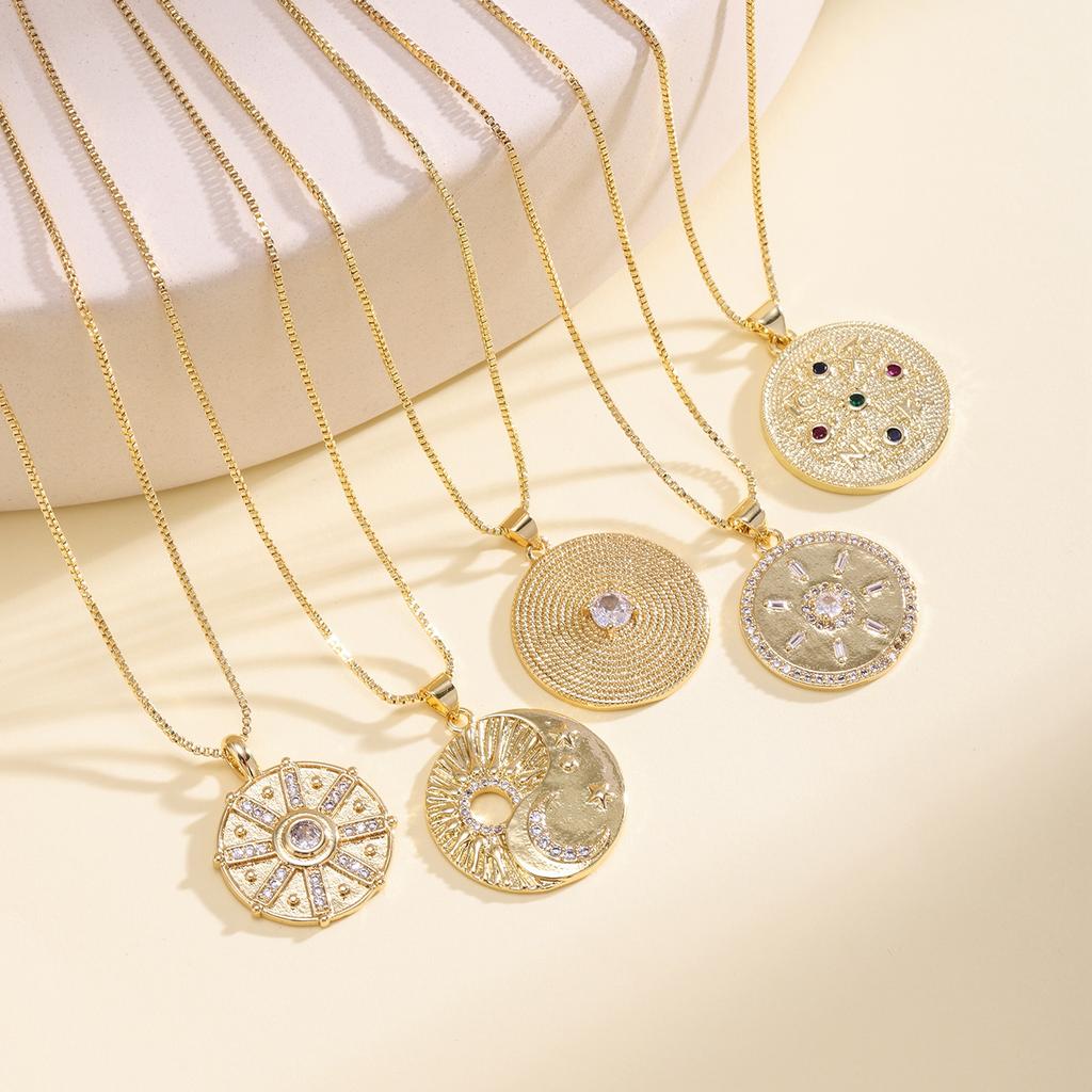 Nidin New Retro Round Shape Inlaid Crystal Zircon Irregular Pendant Necklace For Female Male Vintage Moon Star Sun Jewelry Gifts