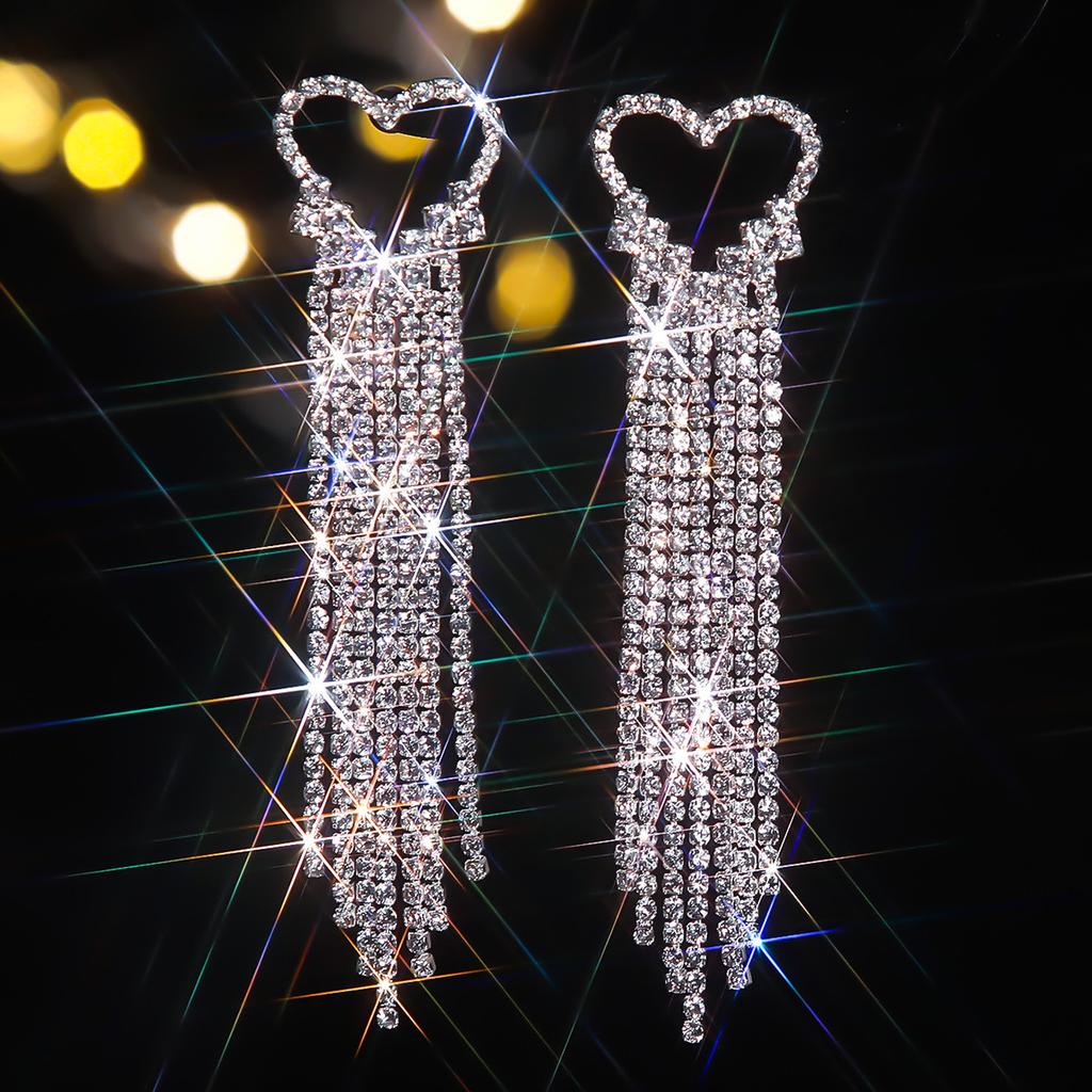 Luxury Shiny Rhinestone Long Tassel Love Earrings Fashion High-Grade Earrings Bridal Earrings Women's Earrings 1 Pair