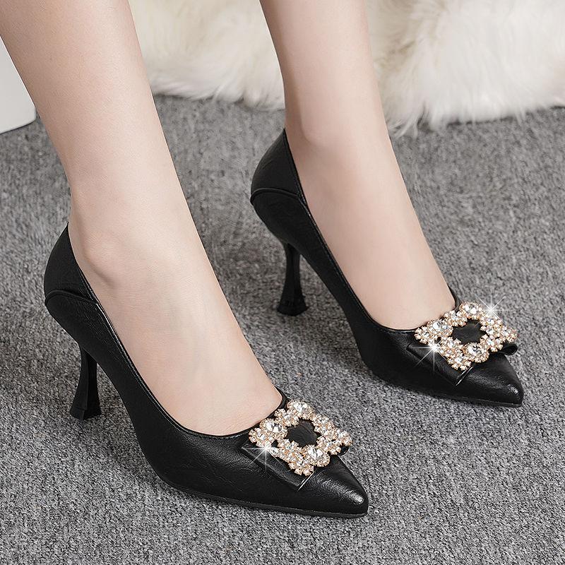 Sharp Pointed Single Shoe Women's Spring Shoes Rhinestone Black Temperament High Heels Women