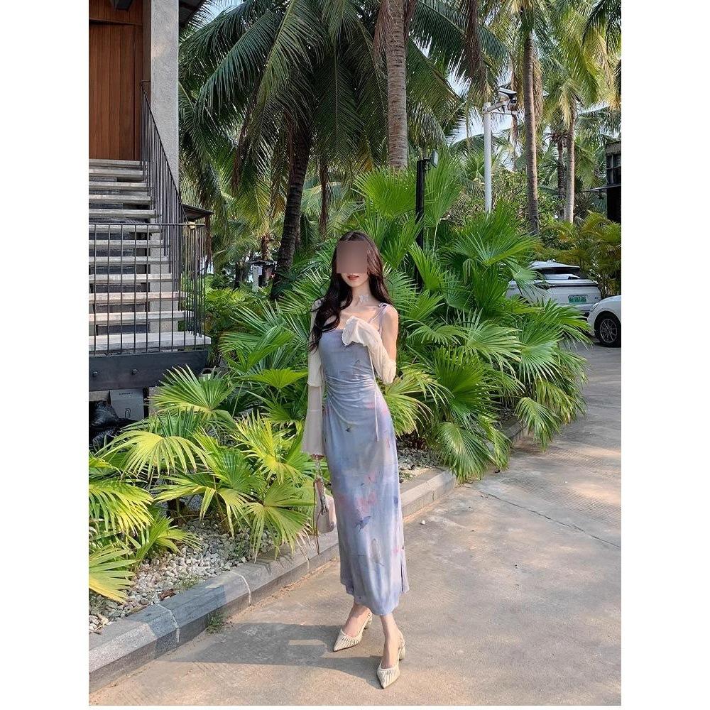 Summer Vacation Slim Fit Butterfly Mesh Oil Painting Print Suspender Dress Temperament Slit Hip Length Skirt Woman
