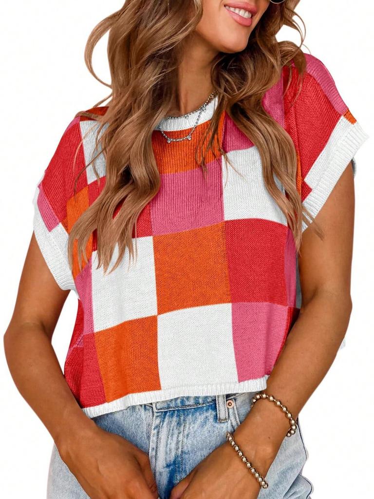 Women's Color Block Cropped Knit Top Cap Sleeve Crew Neck Summer Short Sweater
