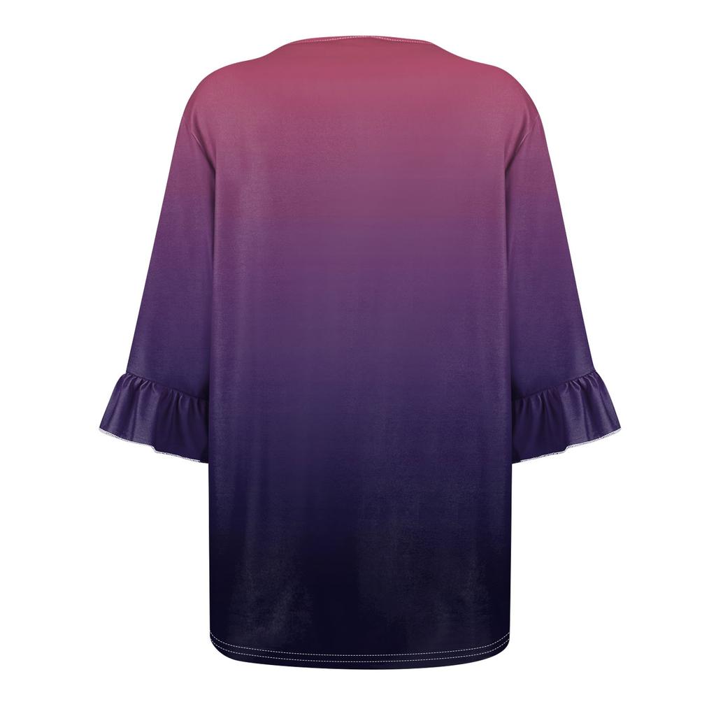 Women's Fashion Casual  Printed V-Neck Pleated Seven Minute Sleeve Ruffle Sleeve T-Shirt Plus Size Tops