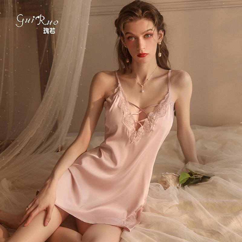 Women's Solid Satin Lace V Neck Backless Cami Sleep Dress for Fall Winter