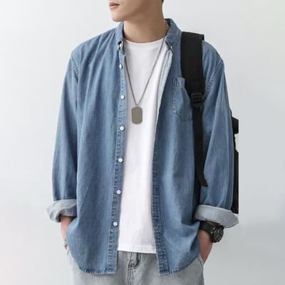 Men's Cotton Denim Shirt Long Sleeve Casual Lapel Shirt Solid Color Loose Fit Button Down Shirt for Daily Wear Work Street