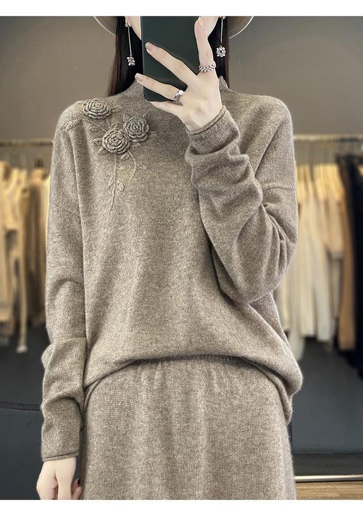 Women's Casual Rolled Hem Wool Sweater, Half-High Collar Loose Fit, Solid Color Base Layer for Autumn & Winter