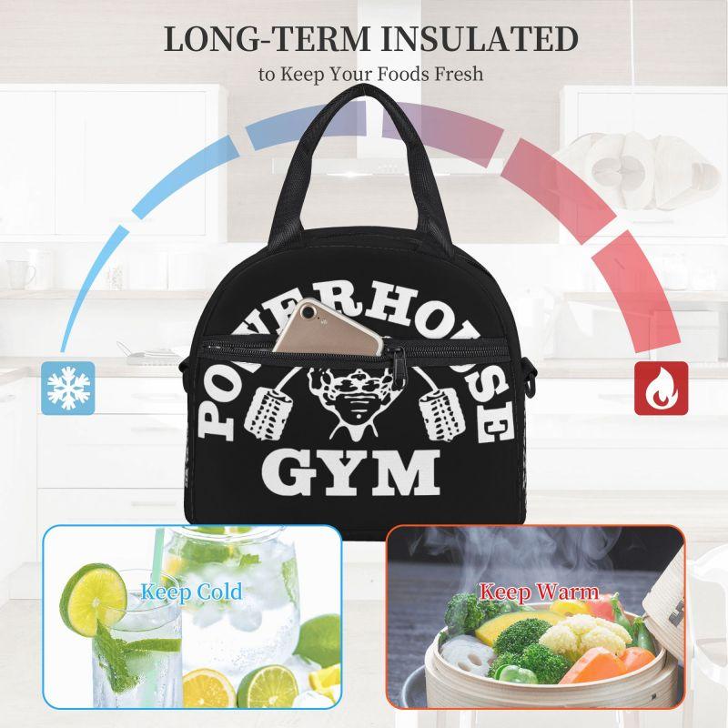 Powerhouse Gym Logo Print Thermal Lunch Bag with Adjustable Shoulder Strap Insulated Lunch Box Reusable Portable Bento Tote Bag