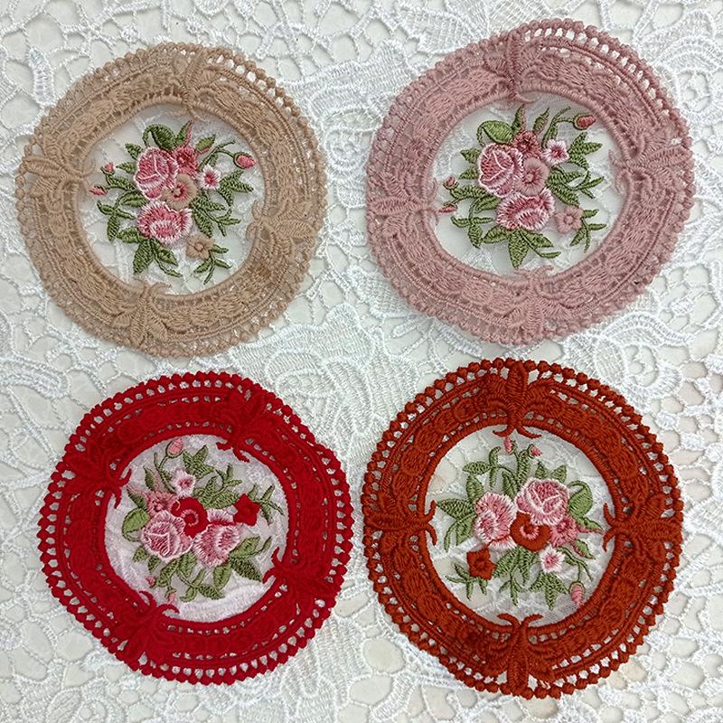 Small Round Coaster European Lace Embroidered Dining Table Mat Decorative Fabric Coffee Table Mat Embroidery Retro Heat Insulation Weaving