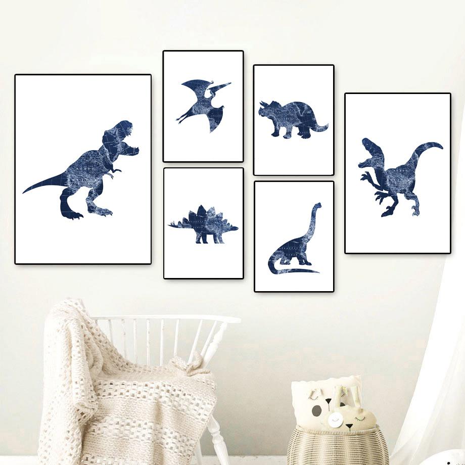 Blue Dinosaur T-Rex Brachiosaurus Wall Art Canvas Painting Nordic Dino Posters And Prints Wall Pictures For Baby Kids Room Decor