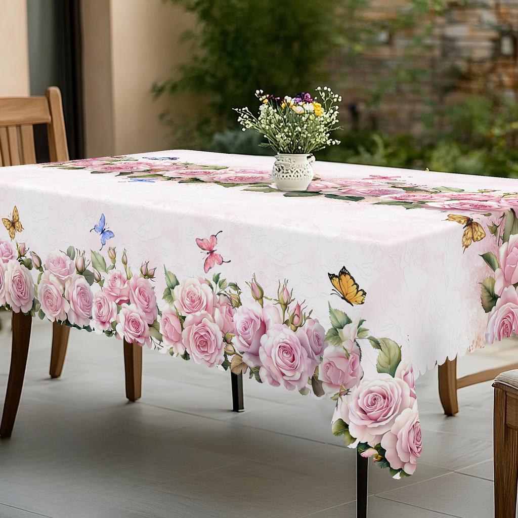 Spring Pink Rose Flowers Linen Tablecloth Wedding Party Decor Seasonal Floral Butterfly Table Cloths Mother'S Day Decorations