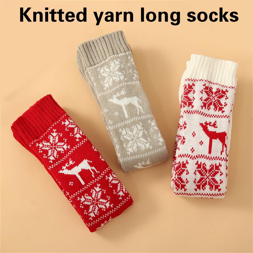 Modische Damen Kniestrumpf Weihnachtsstrümpfe mit Rentier Schneeflocken Muster Festival Gestrickte Über das Knie Lange Socken