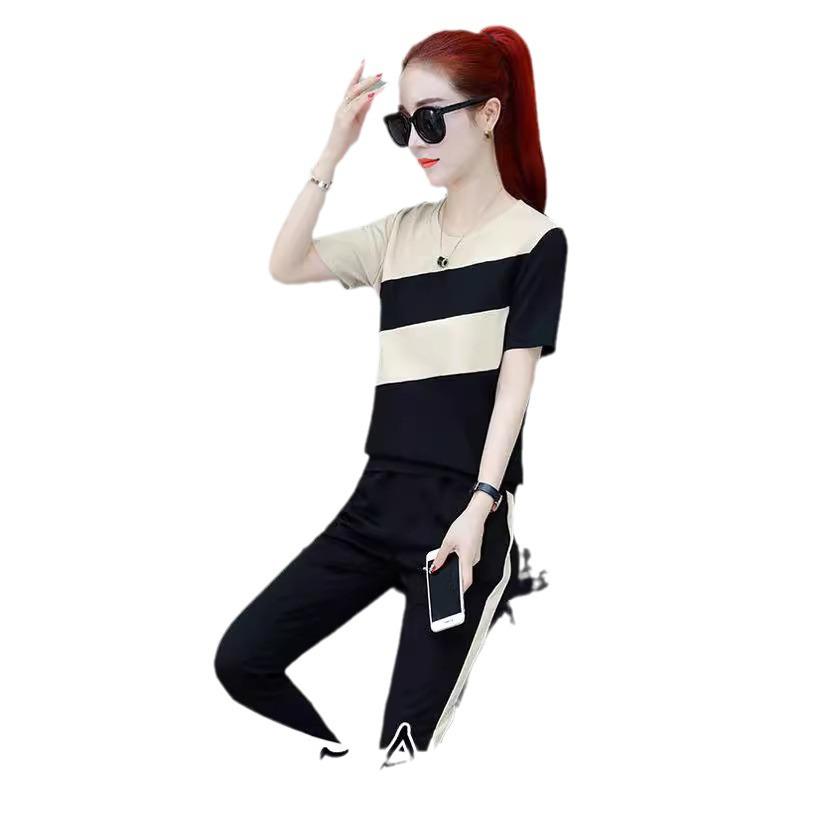 2026 Summer Women's Plus Size Korean Style Color Block Two-Piece Set: Short Sleeve T-shirt & Long Pants