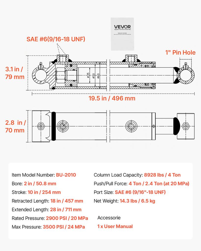 VEVOR Double Acting Hydraulic Cylinder, 50.8mm Bore X 254mm Stroke, Max 3500PSI Hydraulic Cylinder