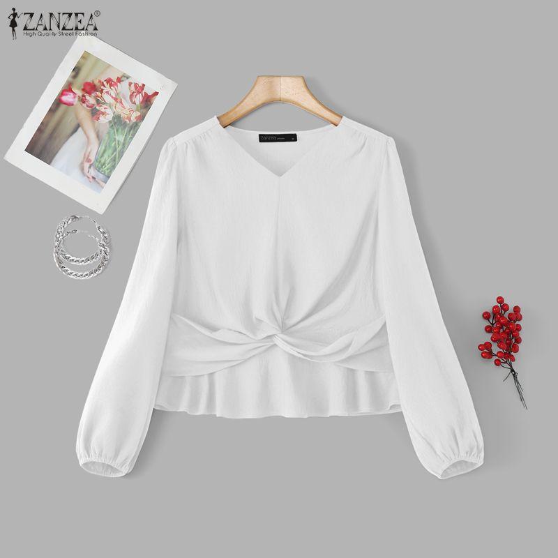 ZANZEA Blusa Casual Larga de Manga Larga Lisa con Cuello en V para Mujer