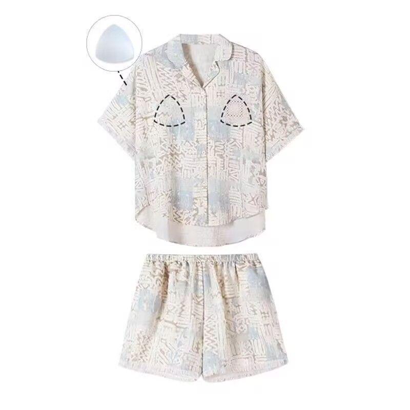 Cloud Cotton Lace Tassel Women's Summer Pajama Set - Short-Sleeved Cardigan & Shorts with Chest Pads