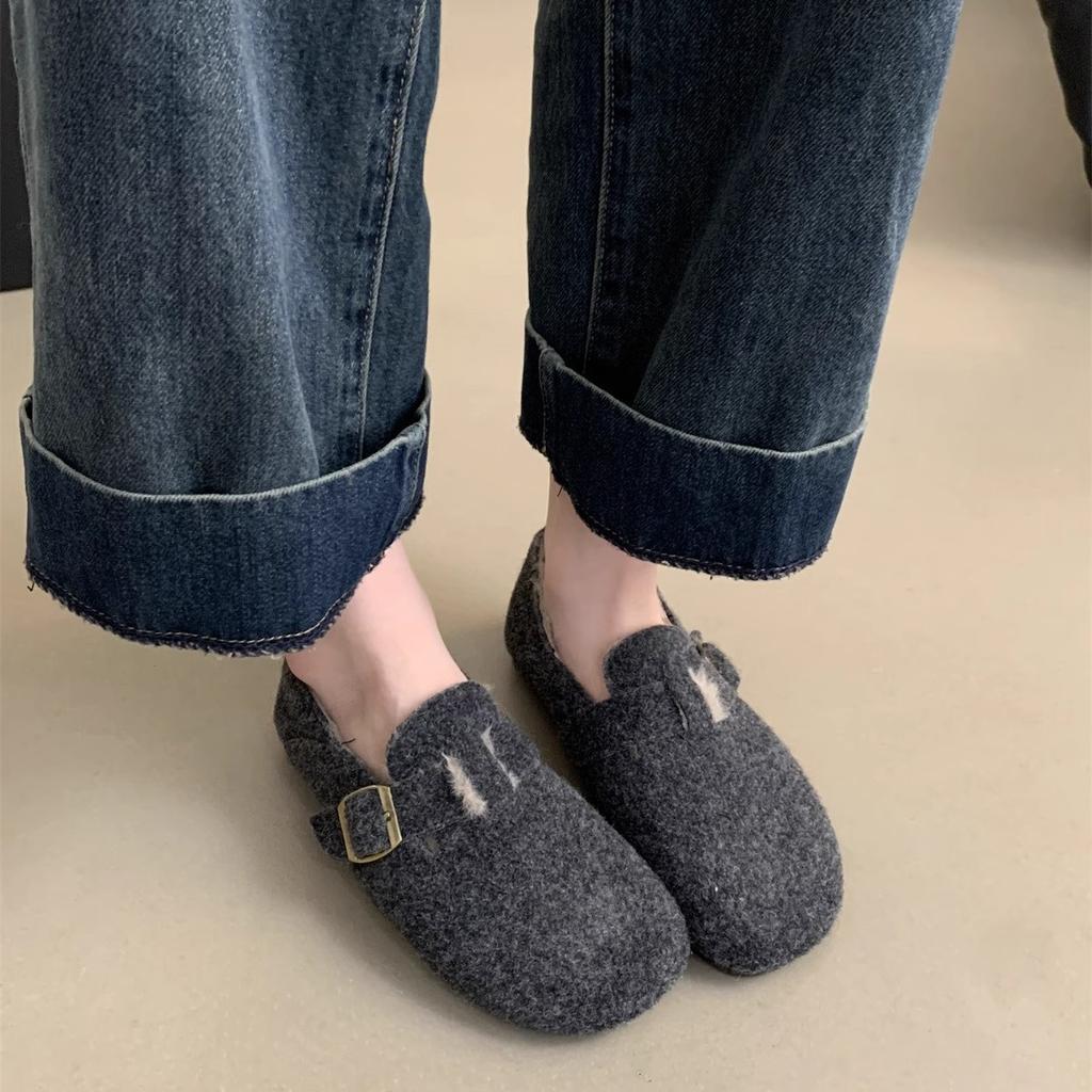 Woolen Boken Shoes Women's Autumn and Winter Velvet 2025 New Korean Version French Retro Flat Bottom One-pedal Thermal Cotton Shoes