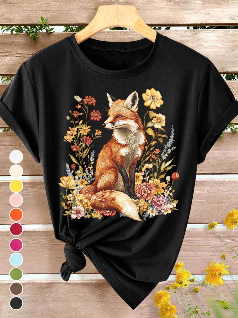Summer New T-Shirt Women's Floral Fox Print Elegant Retro Style Versatile Casual Round Neck Top for Spring, Summer and Autumn