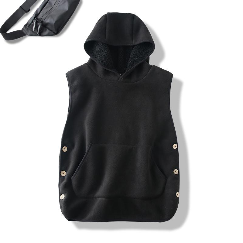 Lady Thermal Vest Women Side Button Closure Fleece Hooded Vest Solid Color Front Pocket Casual Fall Winter