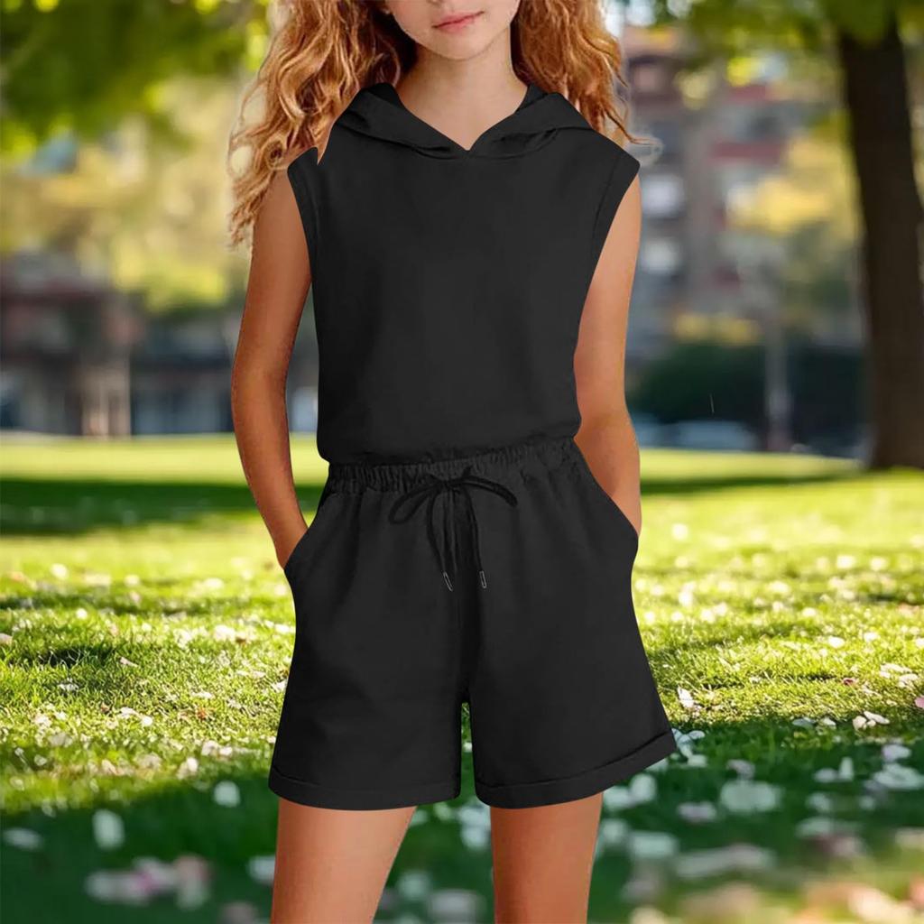 Kids Sleeveless Hoodie and High Waist Wide Leg Shorts Two Piece Set Casual Comfortable Summer Outfit for Girls