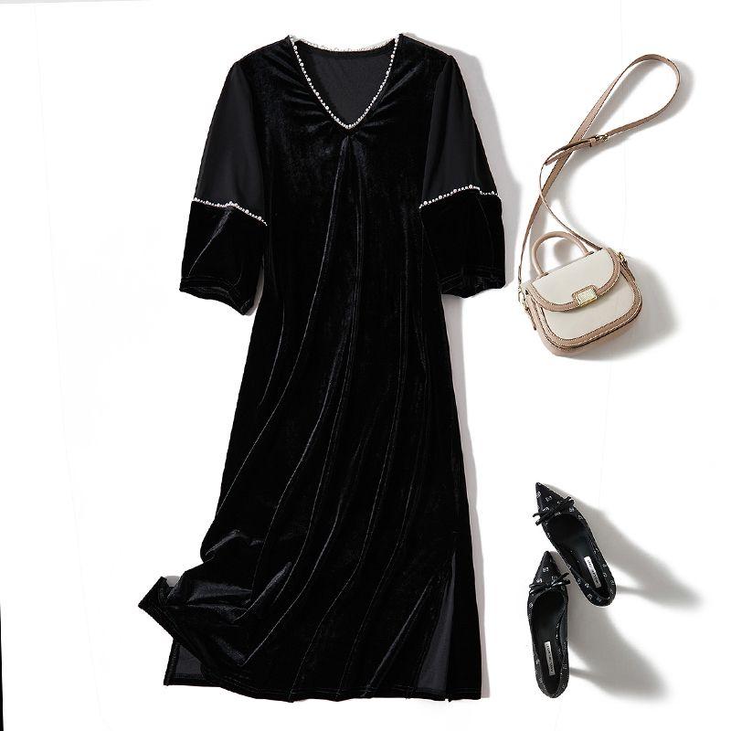 Advanced Goddess Black Dress! Strong Push Handmade Beaded V-neck a Half Sleeve Pleuche Dress Autumn and Winter Slimming