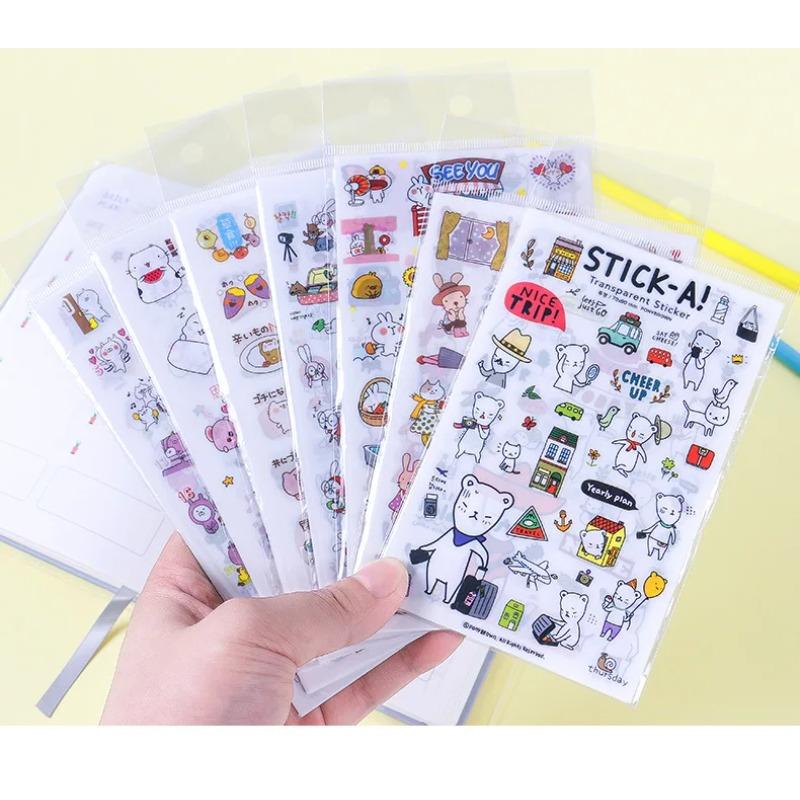 6Pcs/Set Waterproof Cartoon Transparent Pvc Stickers DIY Hand Account Diary Decorative Stickers Kawaii Phone Cup Stickers