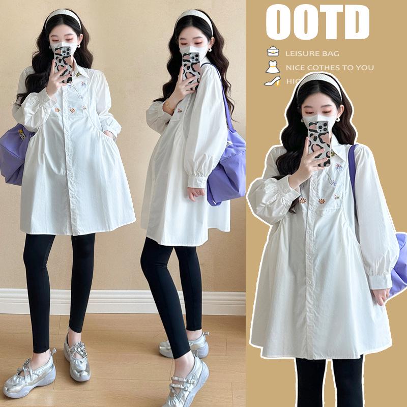 2026 Autumn Korean Style Embroidered Maternity Shirt Dress L
