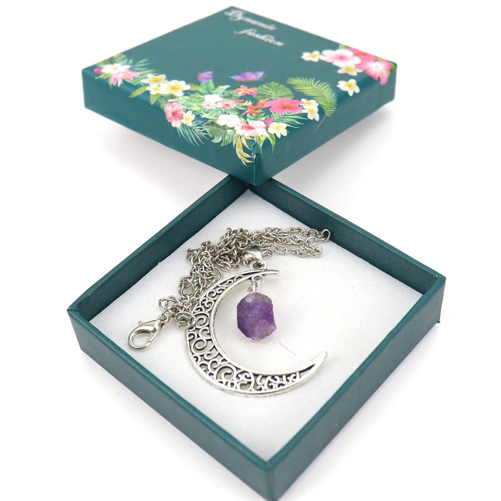 Hollow Moon Natural Rough Stone Crystal Pendant Necklace Amethyst Pendant Couple Necklace N597