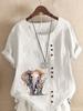Women's Fashion Elephant Print Casual Cotton Linen Short Sleeve Round Neck T-shirt Shirt Leisure Loose Summer Blouse Tops