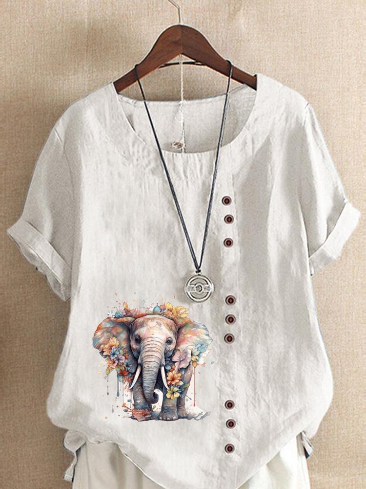 Women's Fashion Elephant Print Casual Cotton Linen Short Sleeve Round Neck T-shirt Shirt Leisure Loose Summer Blouse Tops