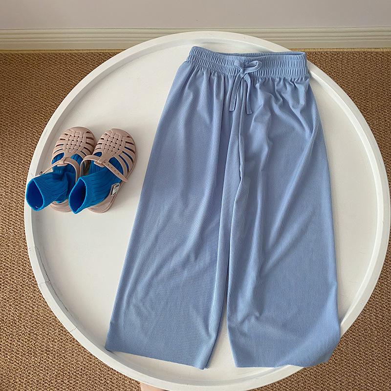 

Летние брюки с широкими штанинами из ледяного шелка для девочек, корейские детские свободные брюки, детские эластичные повседневные брюки 160 синий