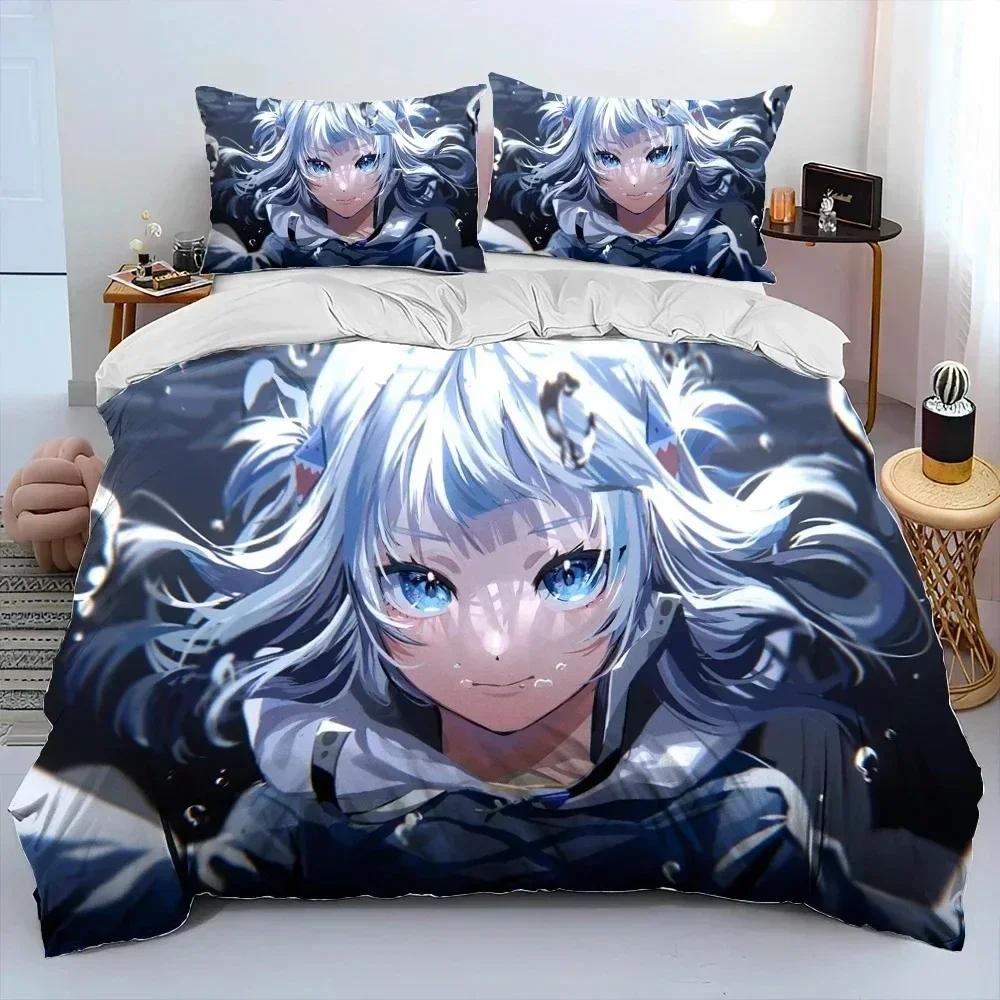 Comforter Cute Gawr Gura Hololive Anime Shark Bedding Set Printed Bed Set With Soft Queen King Size Bedclothes Home