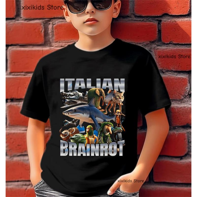 Italian Brainrot Meme Cool T Shirt Boys/Girls Funny Kawaii Kids Clothes White/Pink/Yellow/Grey/Red/Black T-Shirt Summer T-Shirt
