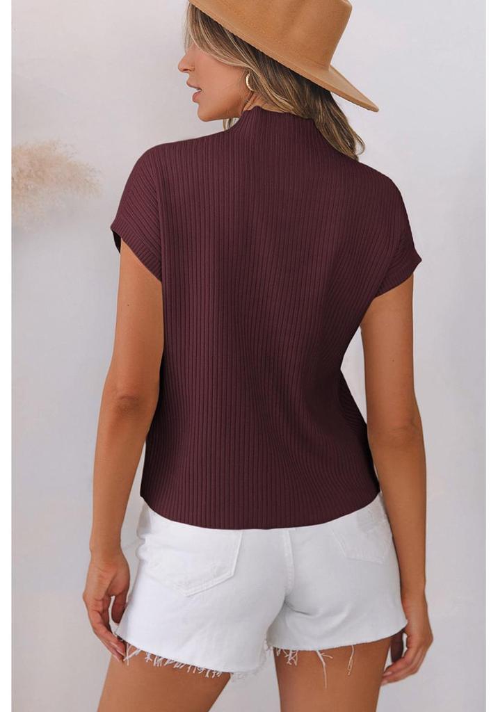 2025 Women's High Neck Short Sleeve Ribbed Knit Pullover – European & American Fashion