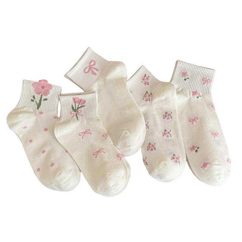 Women's Summer Lightweight Short Socks with Bows All Over, Featuring Flowers, Cute and Versatile, with Mesh Ventilation and Cotton Material.