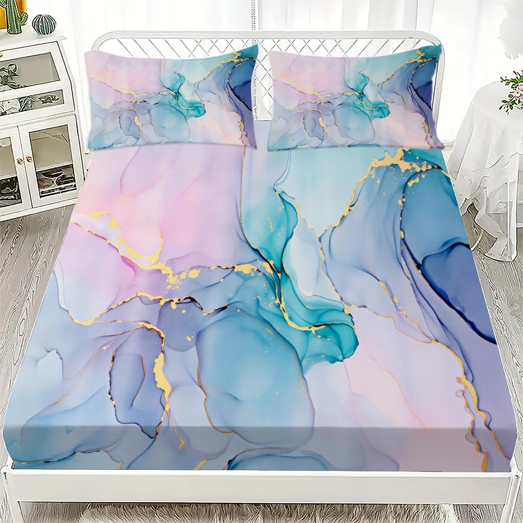 Abstract Art Fitted Sheet Set Blue Pink Purple Gold Marble Pattern Bedding With Pillowcases For Bedroom