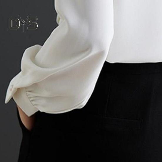 Women Shirt Stand Collar Lace-up Bowknot Long Sleeve Pleated Pullover Tops Solid Color Loose Fit Chiffon Blouse