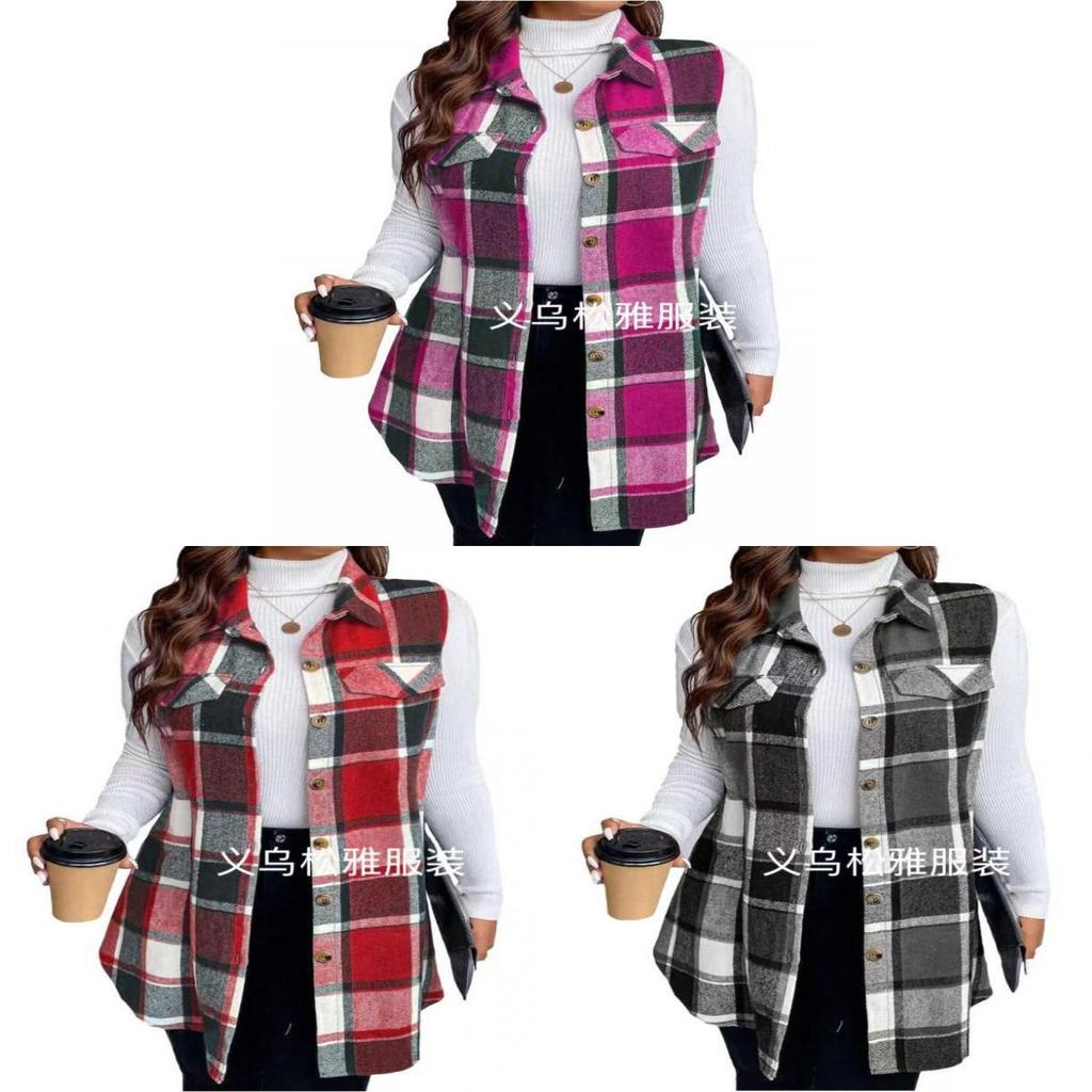 Casual Womens Sleeveless Vest Spring Plaid Buttonfront Polyester Top For Adults