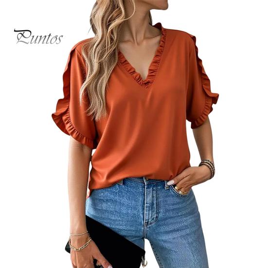 Damen T-Shirt V-Ausschnitt Rüschenbesatz Patchwork Blütenblattärmel Einfarbig Oberteile Lockerer Schnitt T-Shirt Lässig Büro Reisehemd