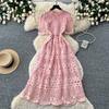 Abito Midi Elegante da Donna con Ricami in Pizzo, Manica Corta, Vita Alta, Linea ad A, Estivo, Casual, da Festa, per Matrimonio, da Vacanza, da Spiaggia
