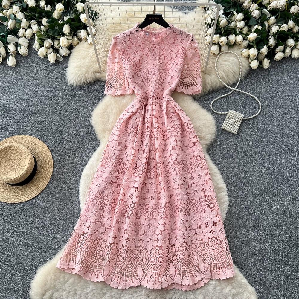 Abito Midi Elegante da Donna con Ricami in Pizzo, Manica Corta, Vita Alta, Linea ad A, Estivo, Casual, da Festa, per Matrimonio, da Vacanza, da Spiaggia
