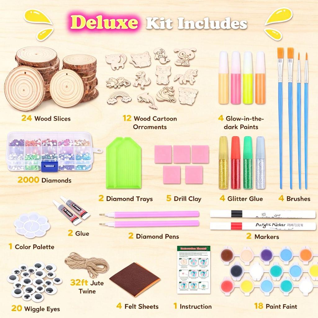 Wooden DIY coloring kit for children, handmade craft set with glowing decorations for holidays
