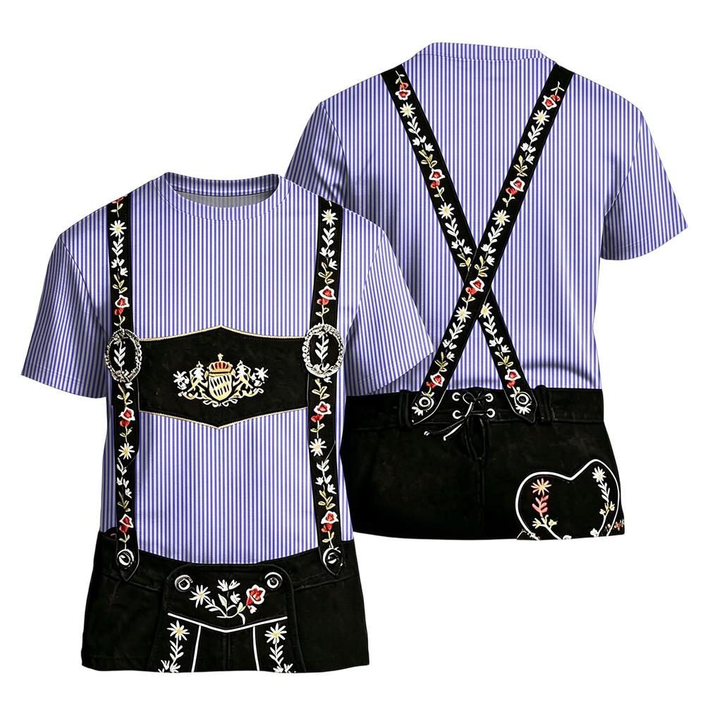 Men's Oktoberfest Vintage Texture Print Short Sleeve T Shirt Loose Fit Casual Summer Daily Wear Top with Suspender Design