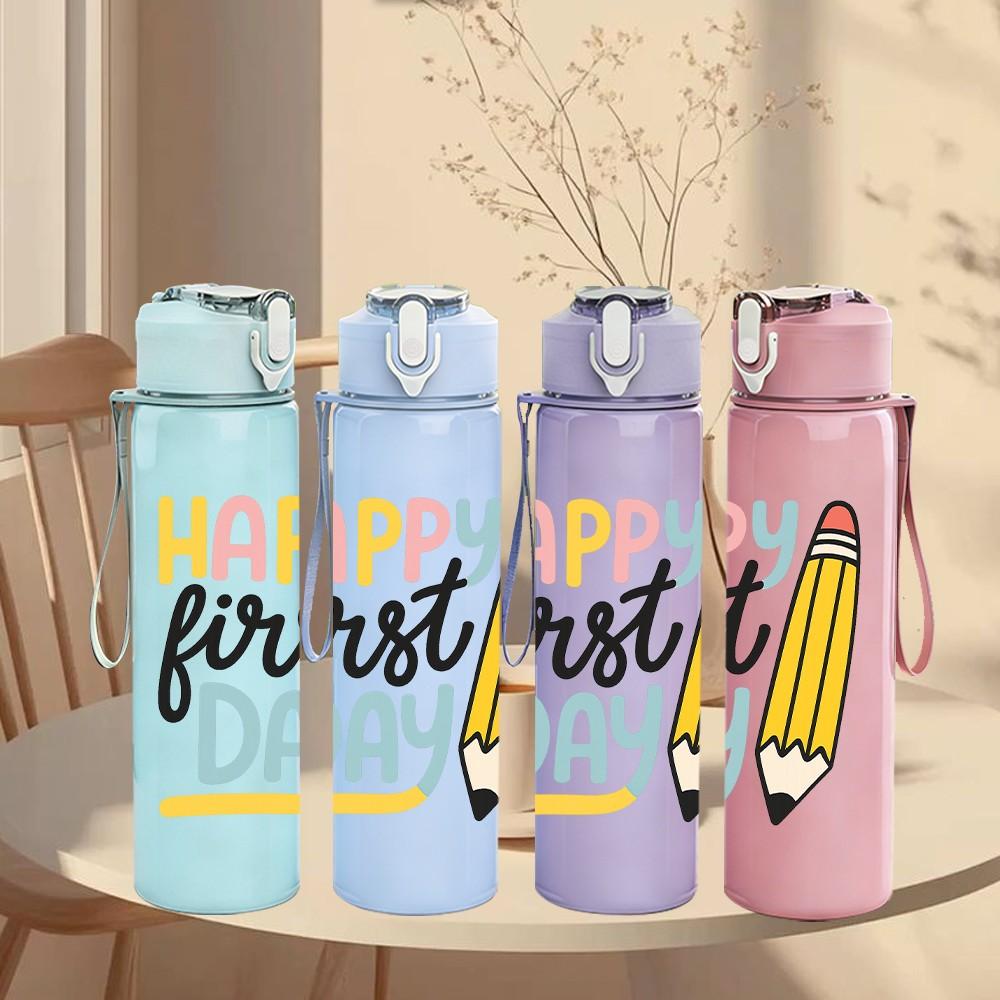 1PC Happy First Day Pencil Pattern 750ml Color Plastic Sports Water Bottle Leakproof Flip Straw Lid Suitable for Sports Office Home Use