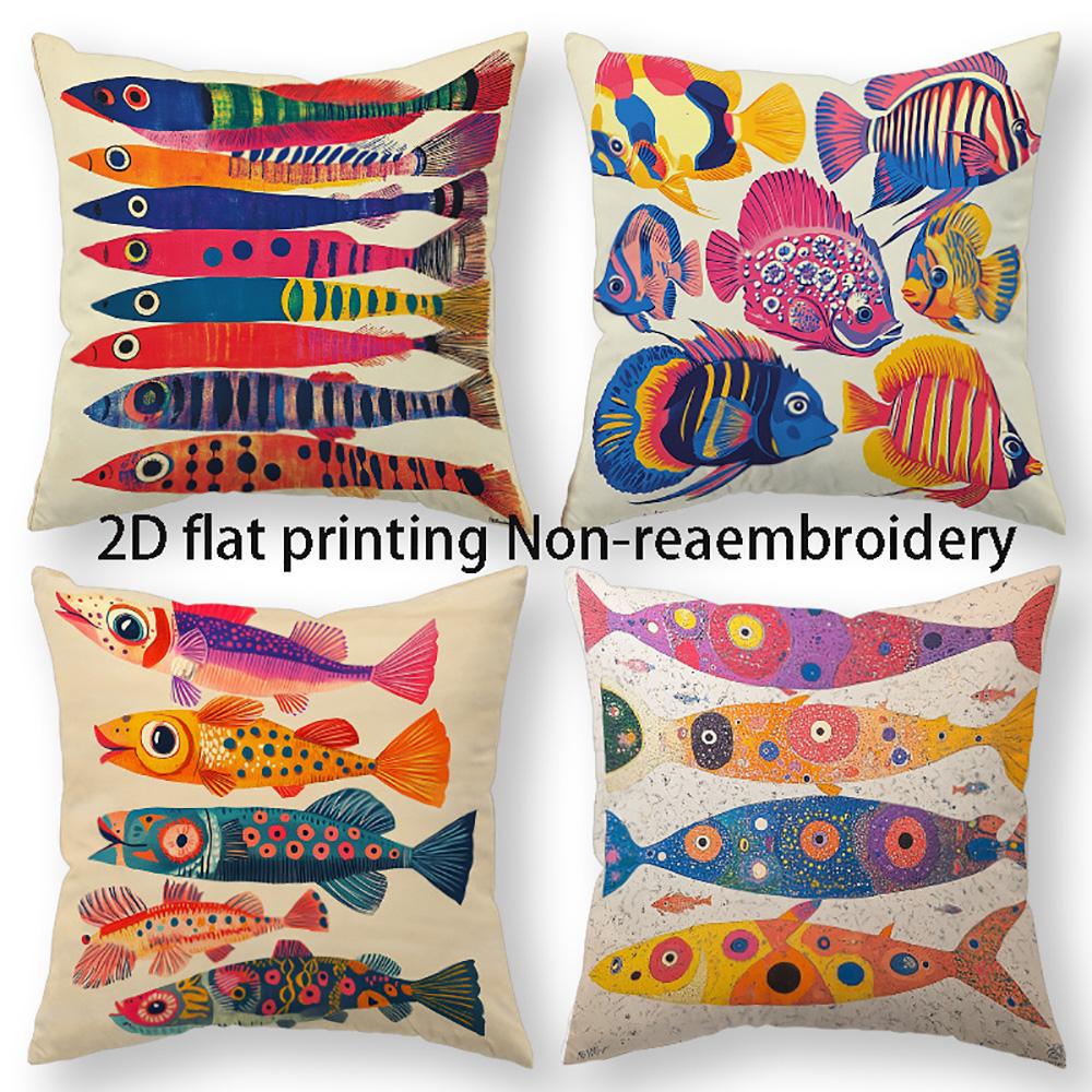 1/4pcs 2D Flat- Boho Folk Art Colorful Fish Print Square Throw Pillow Cover Home farmhouse outdoor decoration cushion cover