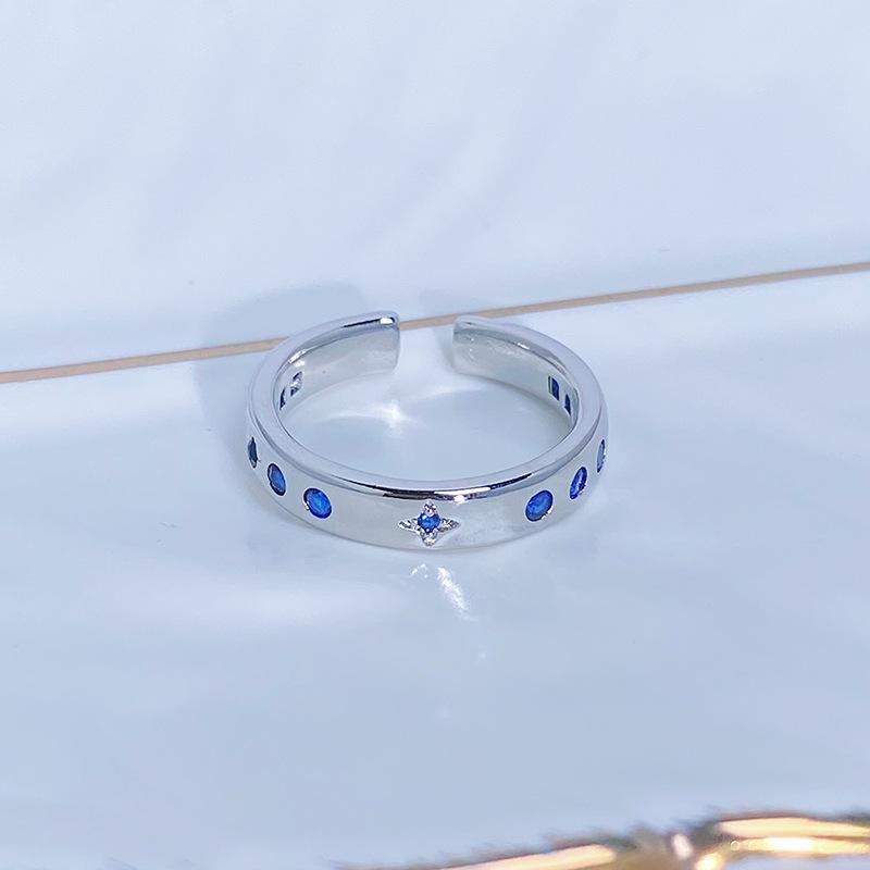 Caibao Personalized Sea Blue Micro-Inlaid Zir*****Pen Ring Female Geometric Niche Light Luxury High-End Ring Female